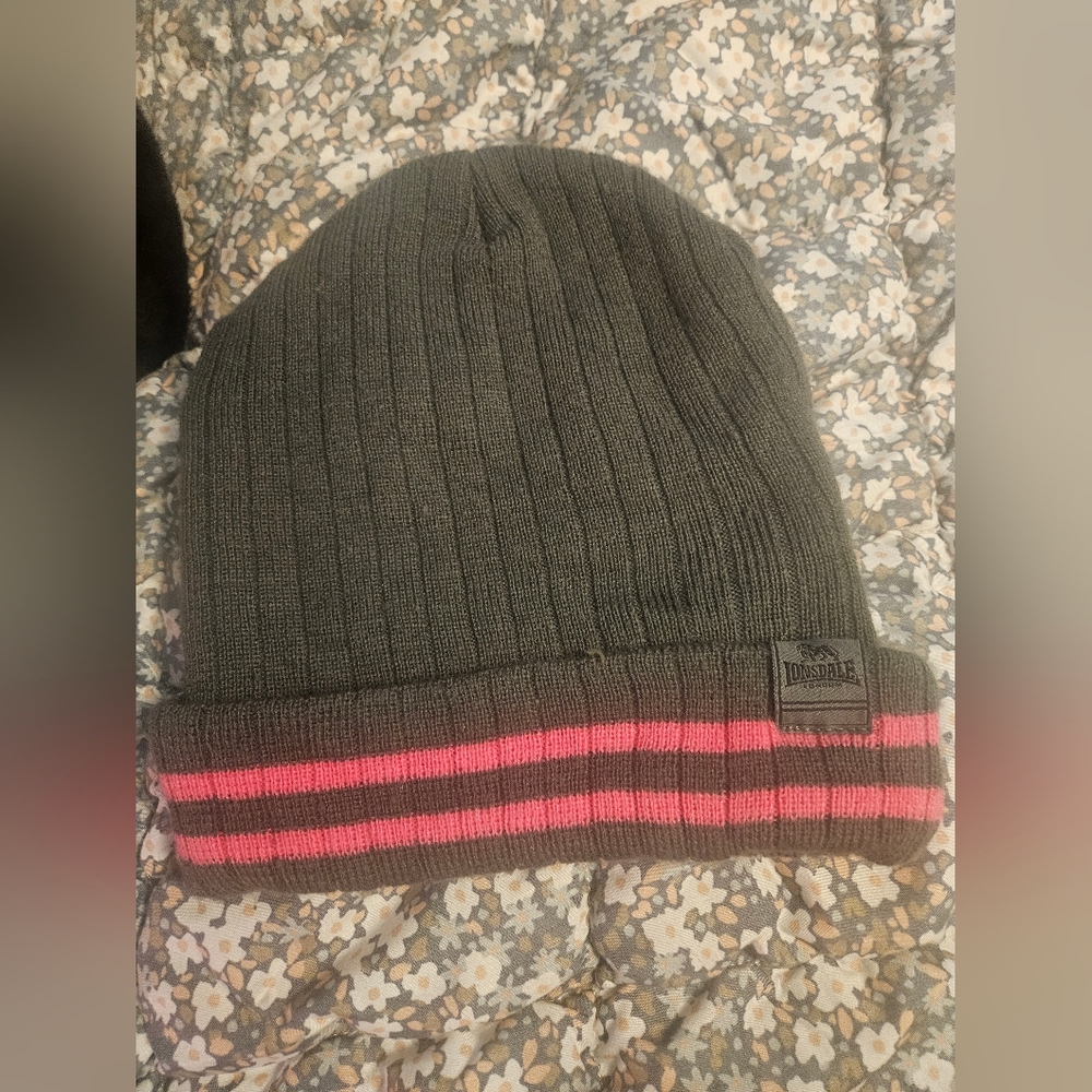 Lonsdale Pink Gray Striped Knit Hat Beanie Skinhead Mod Boxing England